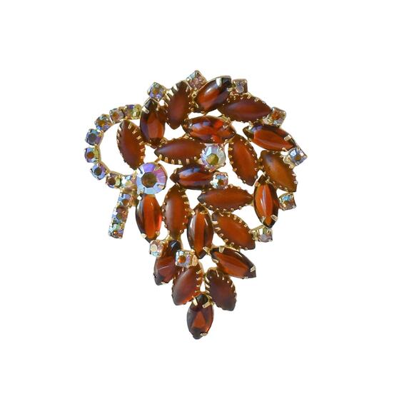 1960s Delizza & Elster Brown Glass AB Rhinestone Stylized Leaf  Demi Parure - Picture 2 of 6